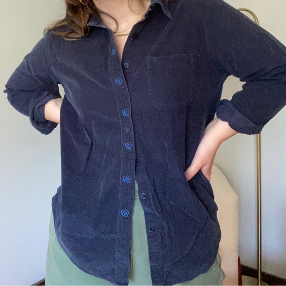Navy Corduroy Long Sleeve Button Down with Floral Detail - Picture 5 of 6